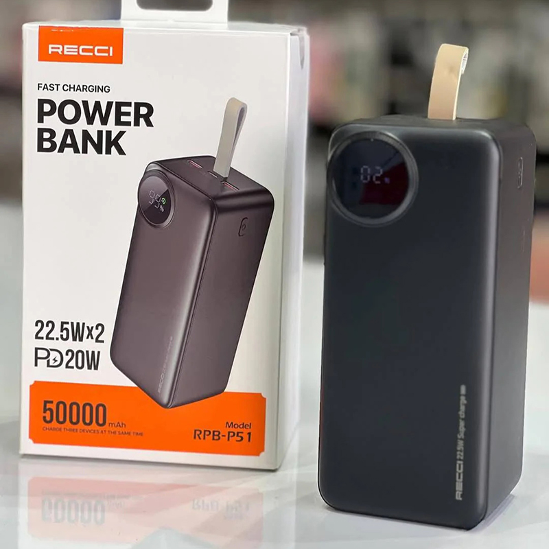 Power Bank 50000 mAh Recci RPB-P51 PD 20W Sürətli Doldurma